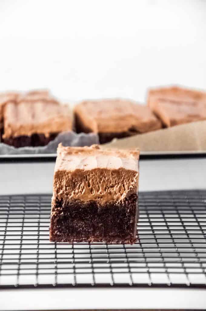 Close up of Nutella brownie on a cooling rack showing texture of frosting and interior of brownie, tray of brownies in the background. 