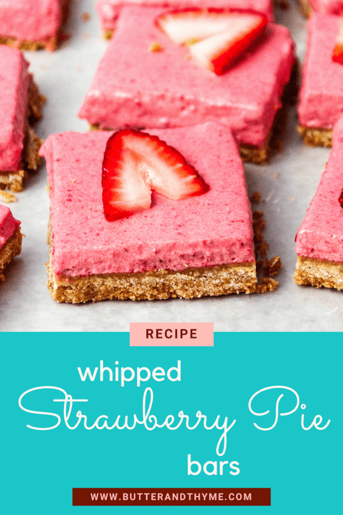 strawberry bars with graham cracker crust with text - Recipe Whipped Strawberry Pie Bars www.butterandthyme.com
