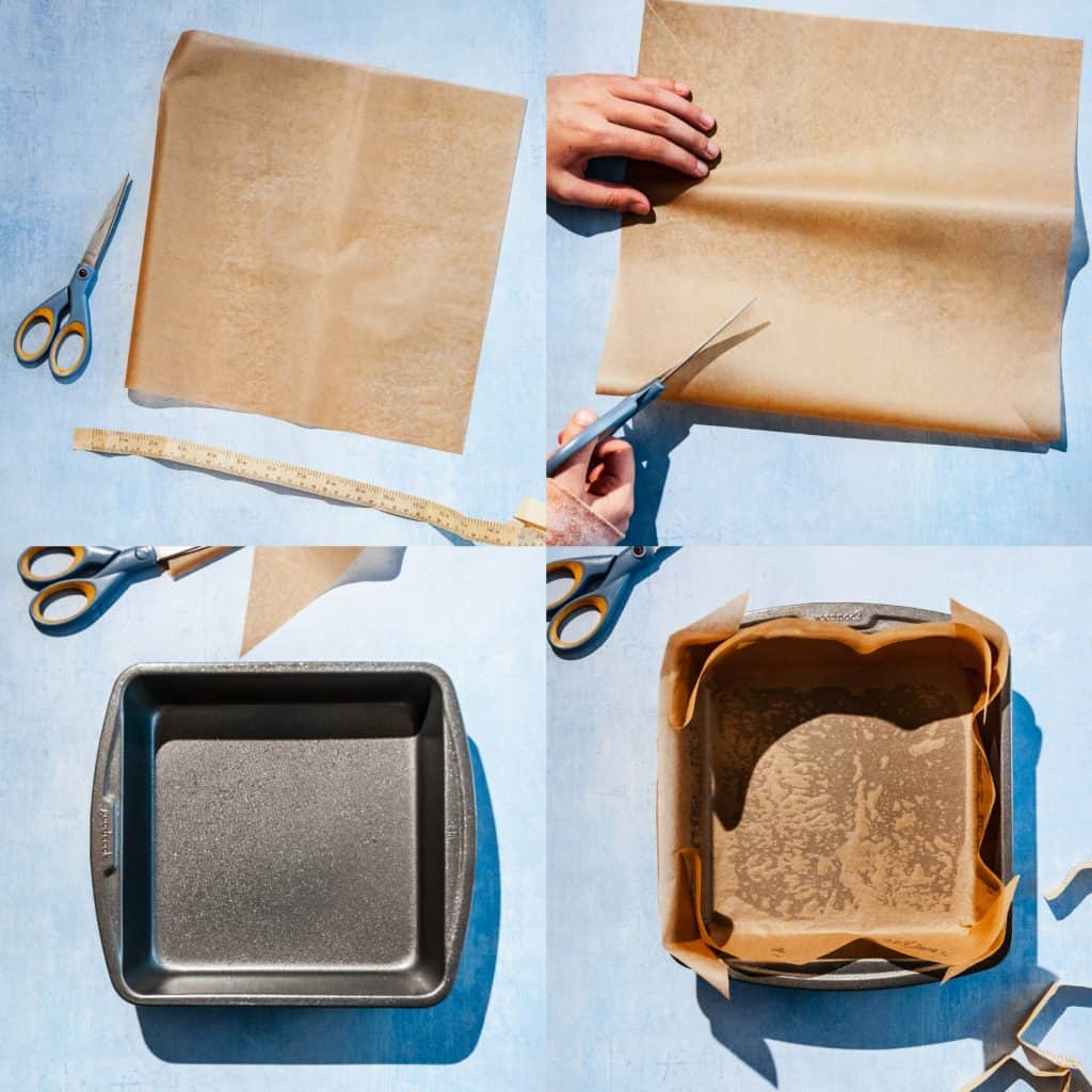 4 steps showing how to line a baking pan with parchment paper. top left: measuring tape and scissors to cut parchment to size. top right: hand with scissors cutting slit in corner. bottom left: baking pan sprayed with nonstick spray. bottom right: cut parchment sheet pressed into baking pan. 
