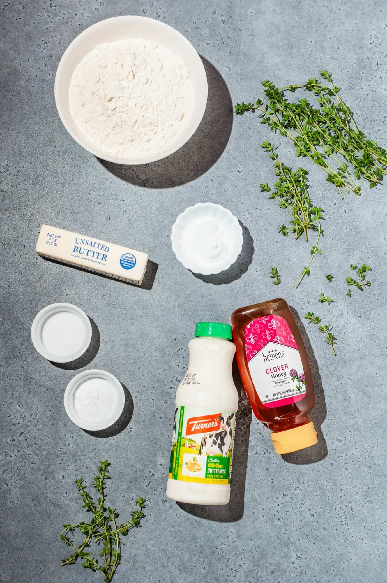 ingredients needed to make flaky honey butter biscuits with thyme