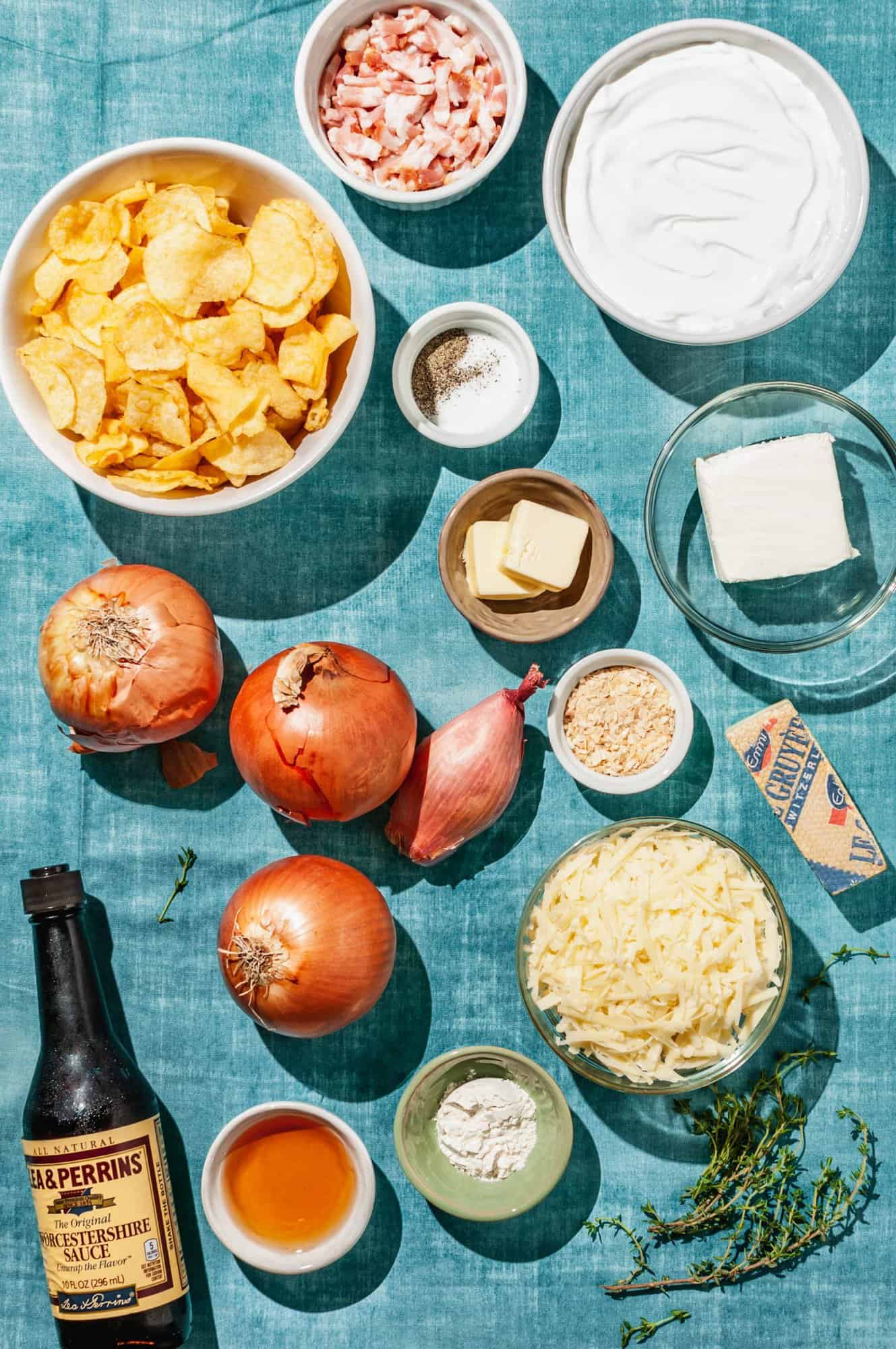 ingredients to make baked caramelized onion dip with gruyere
