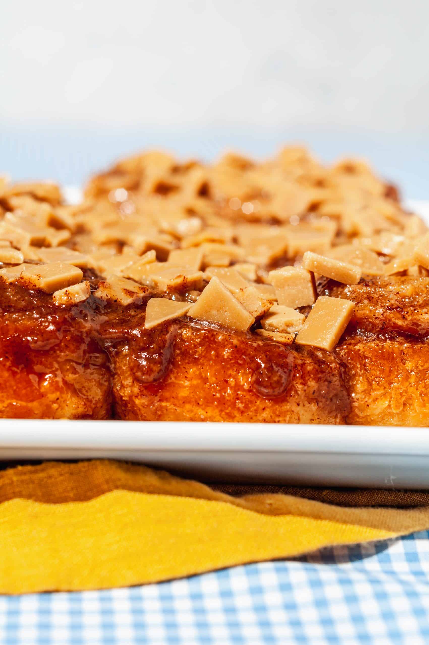 sticky toffee buns on a platter close up