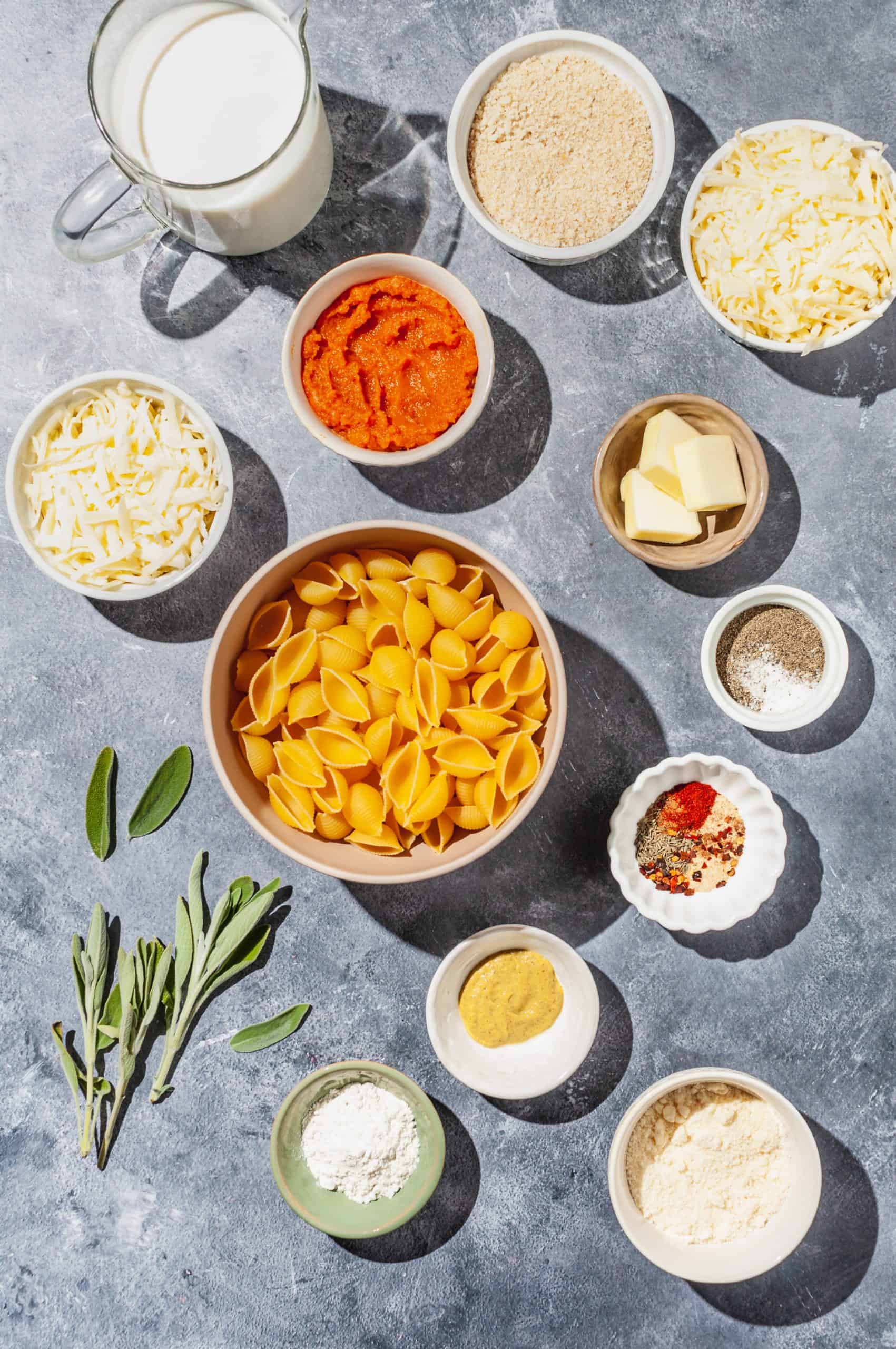 ingredients to make pumpkin mac and cheese with sage breadcrumbs