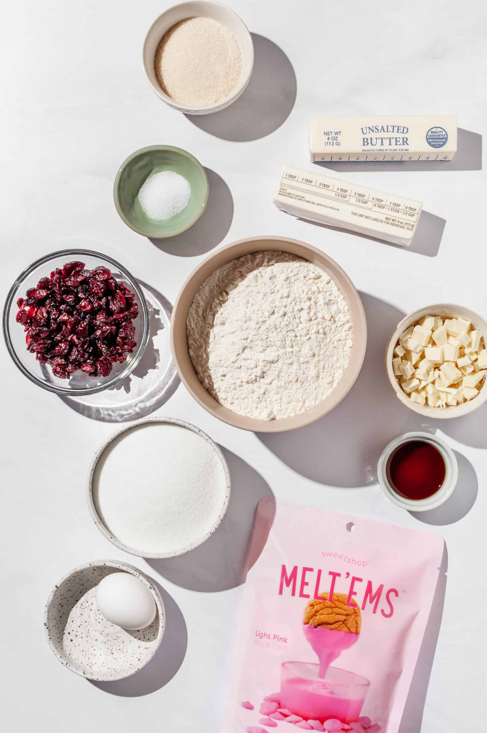 ingredients to make cranberry white chocolate shortbread cookies