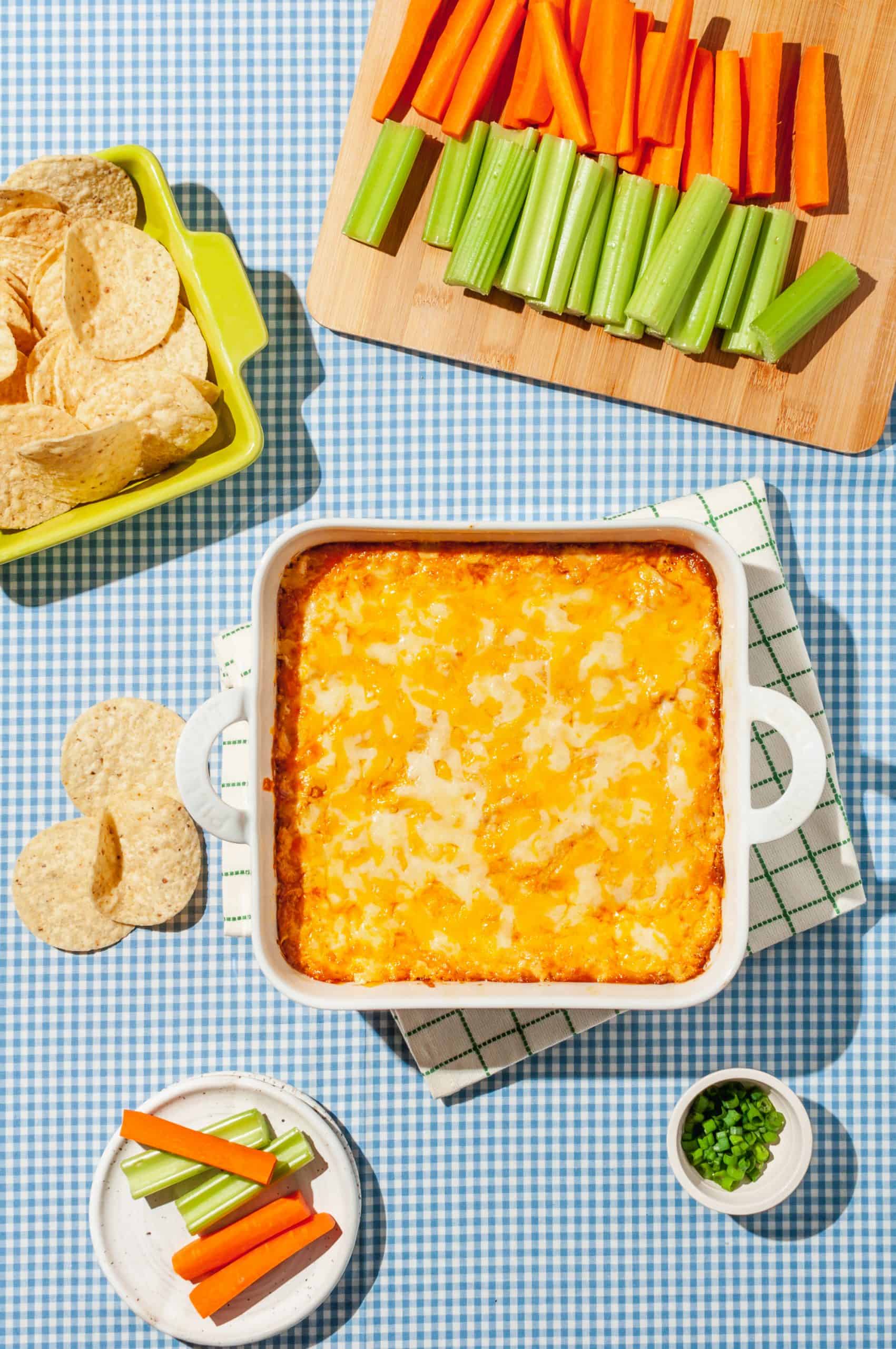 buffalo chicken dip with melted cheese after baking