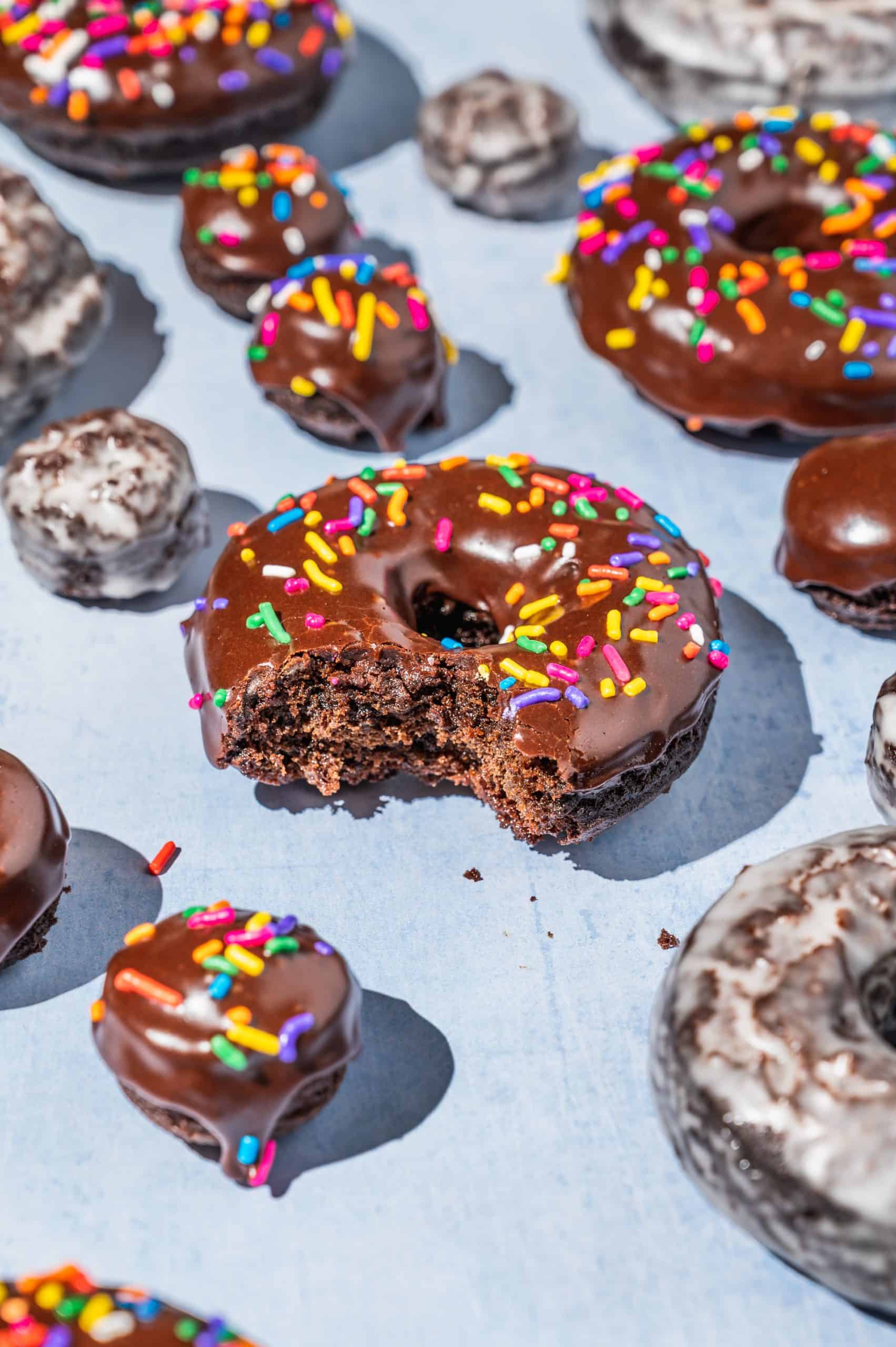 double chocolate cake donut with rainbow sprinkles, a few bites taken out to show inside texture