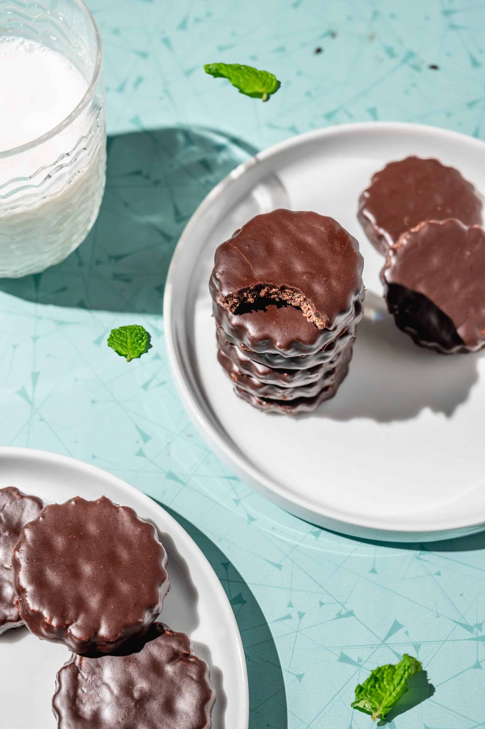 stack of copycat thin mints on two white plates