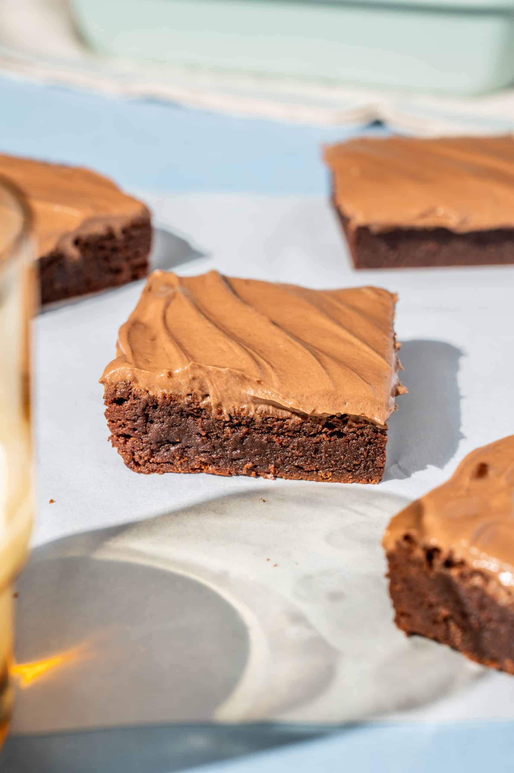 nutella brownie with nutella frosting, aqua baking dish in the background