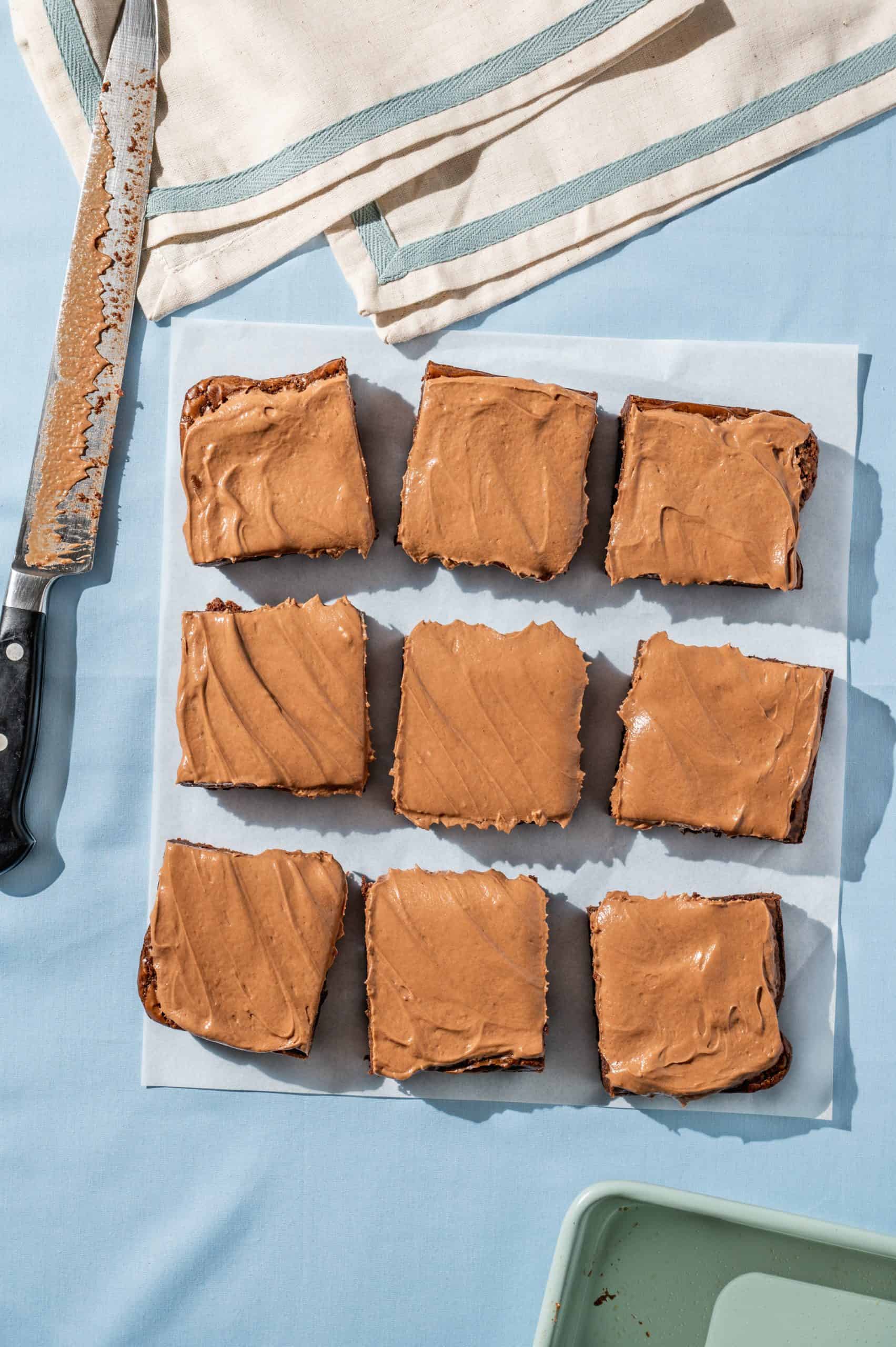 brownies with nutella frosting cut into 9 even squares on parchment