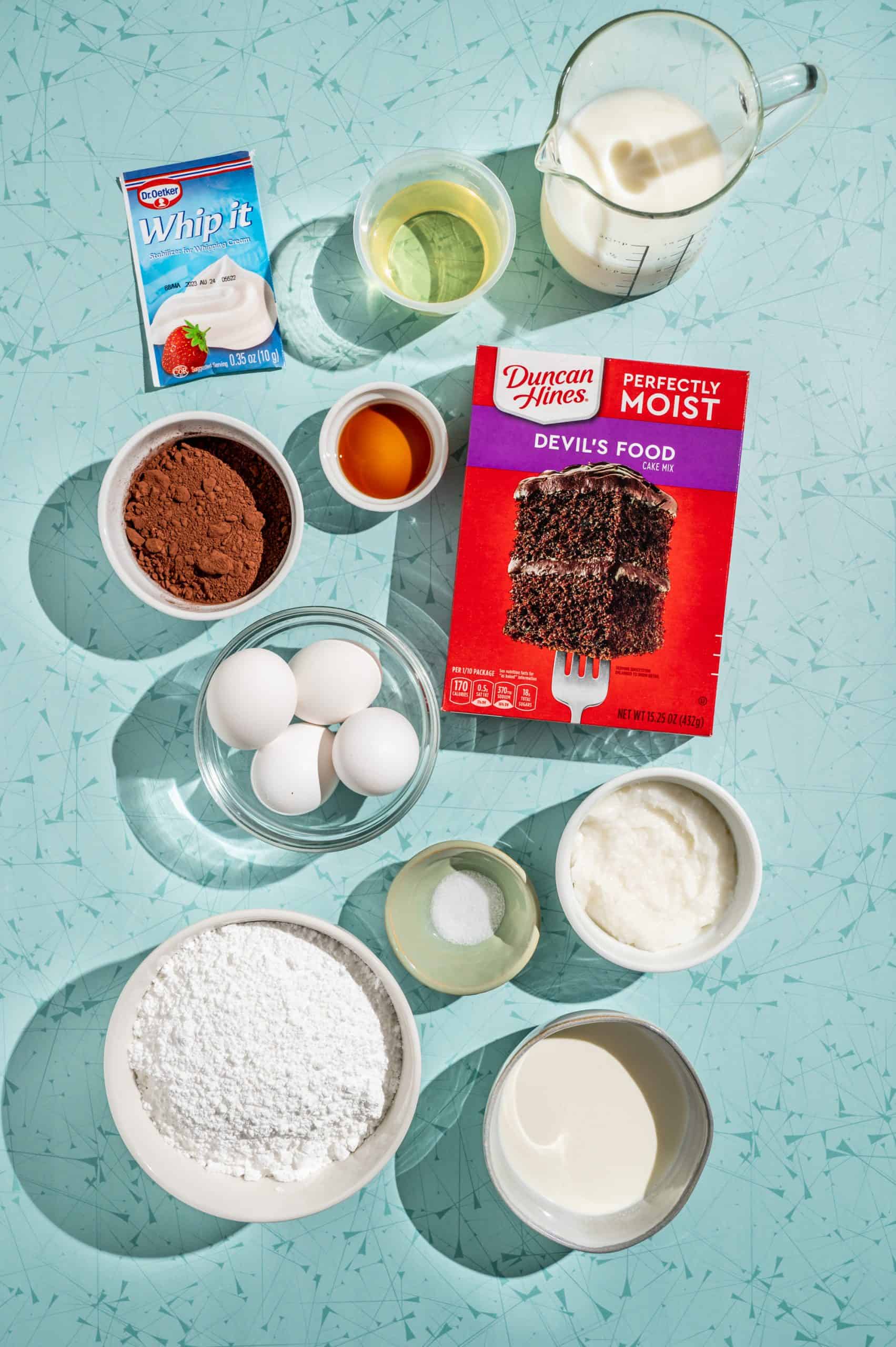 ingredients to make homemade ding dongs with chocolate cake mix