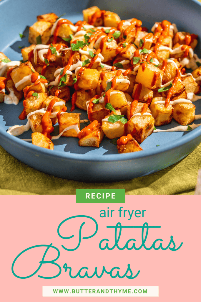 photo with text - air fryer patatas bravas recipe www.butterandthyme.com