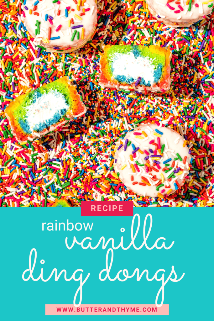 photo with text- rainbow vanilla ding dongs recipe www.butterandthyme.com
