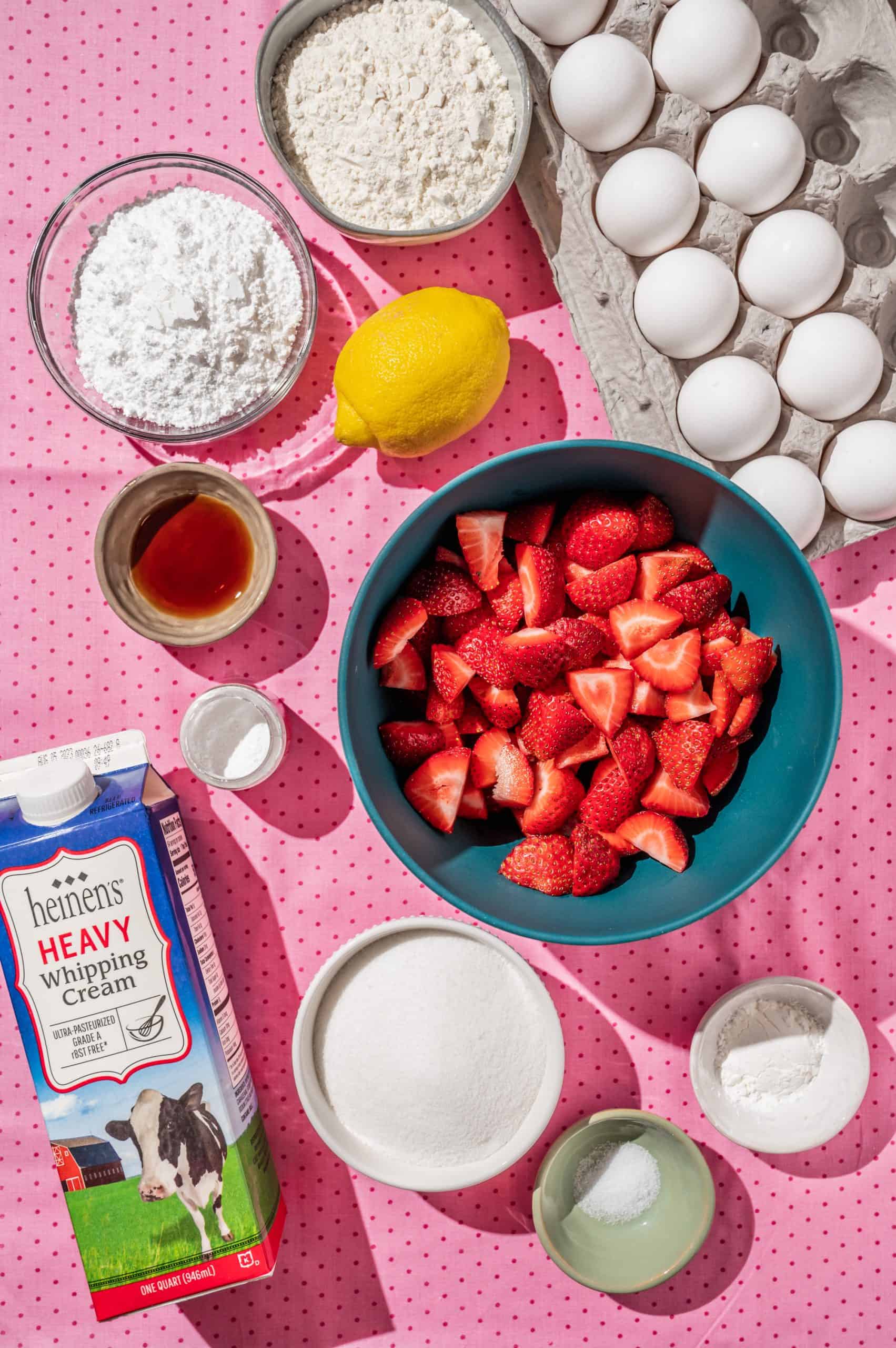 ingredients to make strawberry shortcake angel cake: eggs, sugar, flour, lemon juice, vanilla, whipping cream, cream of tartar, salt, strawberries