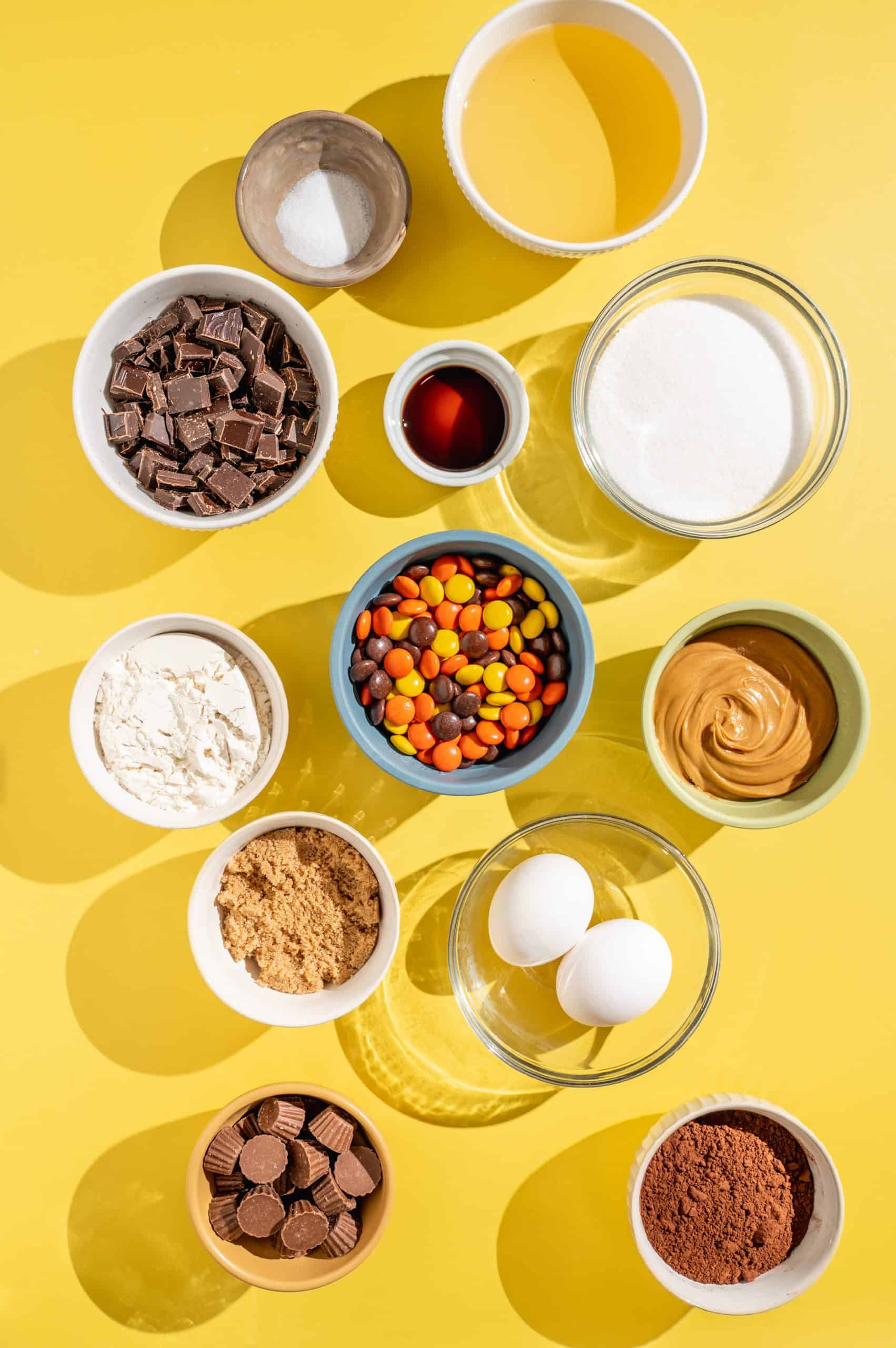 Ingredients to make Reeses pieces brownies: chocolate, oil, sugar, eggs, candy, cocoa, flour, vanilla, and salt.