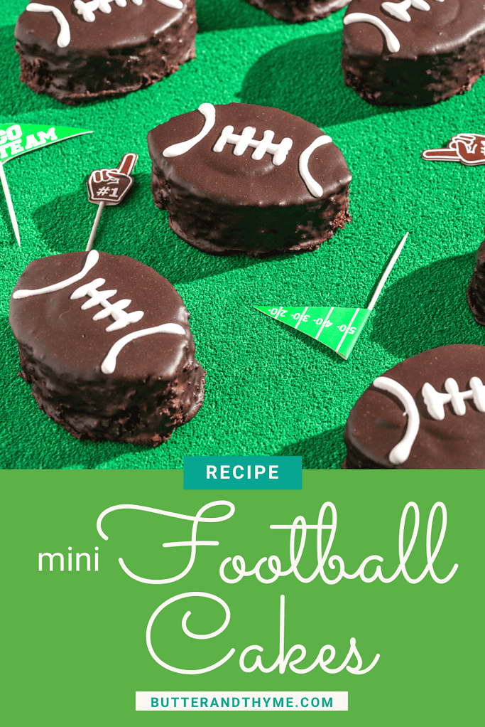 photo with text: mini football cakes recipe butterandthyme.com